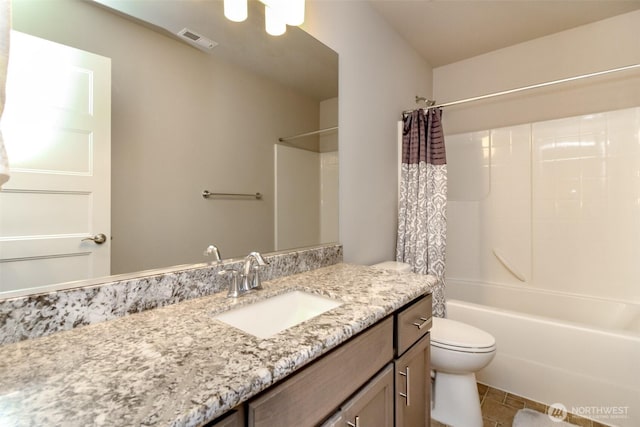 full bath featuring visible vents, toilet, tile patterned floors, shower / bath combination with curtain, and vanity