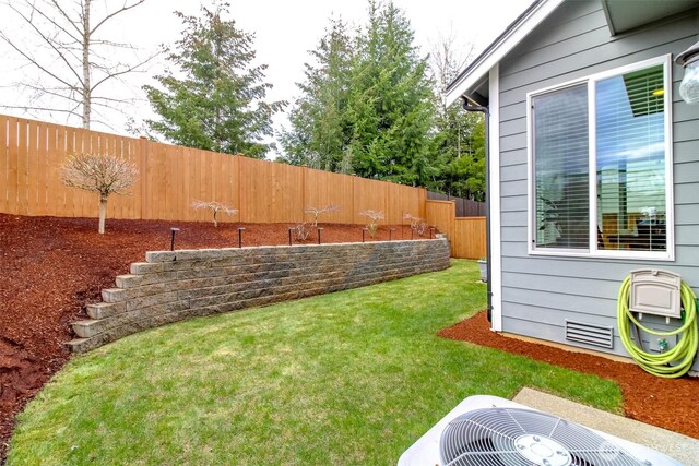 view of yard with central AC unit and a fenced backyard