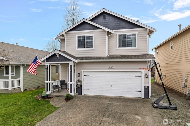 view of front facade with a front yard, a porch, an attached garage, a shingled roof, and concrete driveway