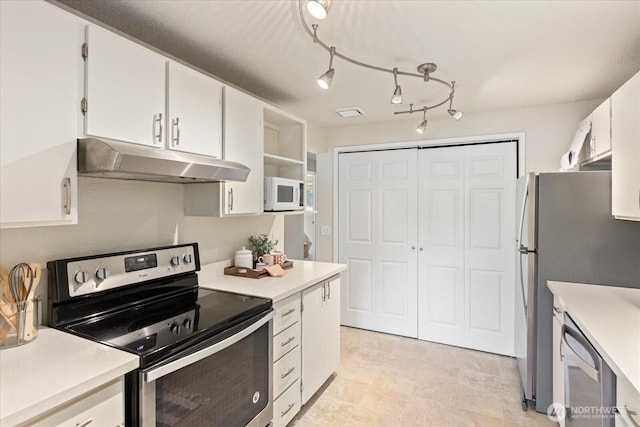 kitchen featuring white cabinets, appliances with stainless steel finishes, light countertops, under cabinet range hood, and open shelves