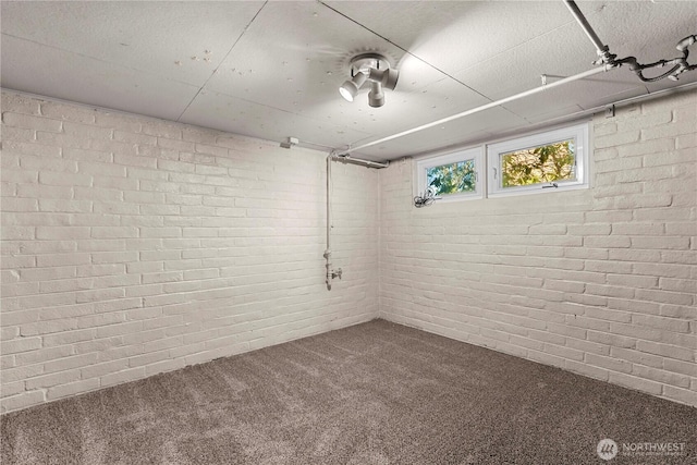 below grade area with carpet floors and brick wall