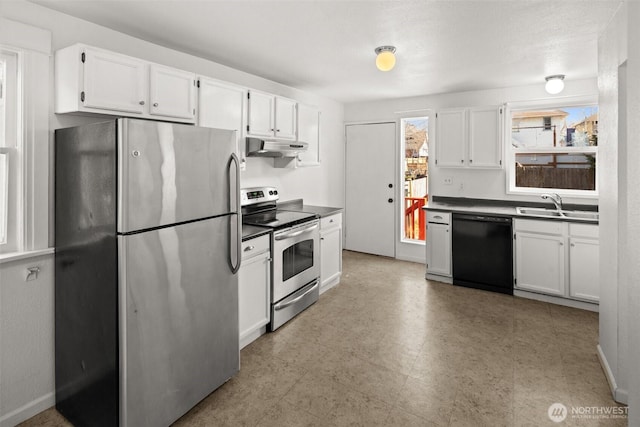 kitchen with stainless steel appliances, a sink, white cabinetry, and under cabinet range hood