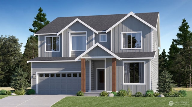 view of front of property featuring a shingled roof, board and batten siding, a garage, driveway, and a front lawn