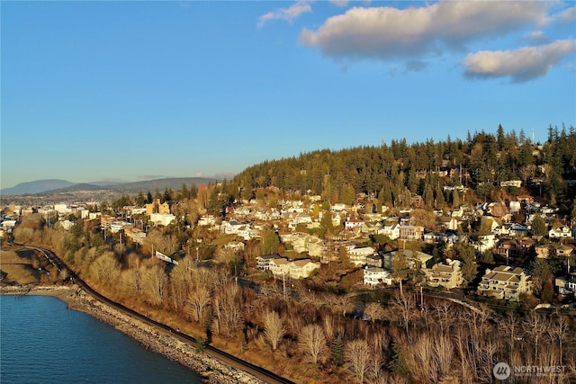 bird's eye view with a forest view and a water and mountain view