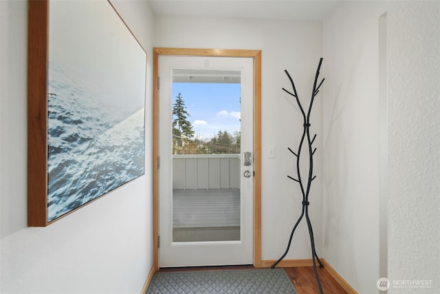 doorway featuring baseboards and wood finished floors