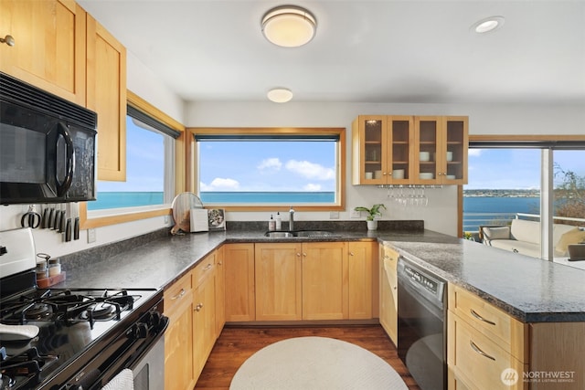 kitchen with glass insert cabinets, a sink, black appliances, and light brown cabinetry