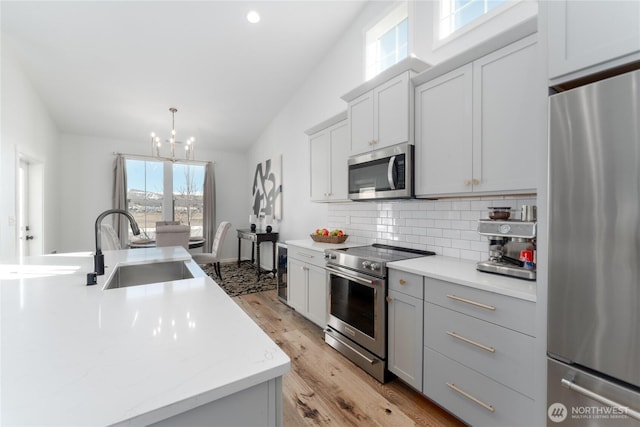 kitchen featuring a notable chandelier, stainless steel appliances, backsplash, light wood-style flooring, and a sink