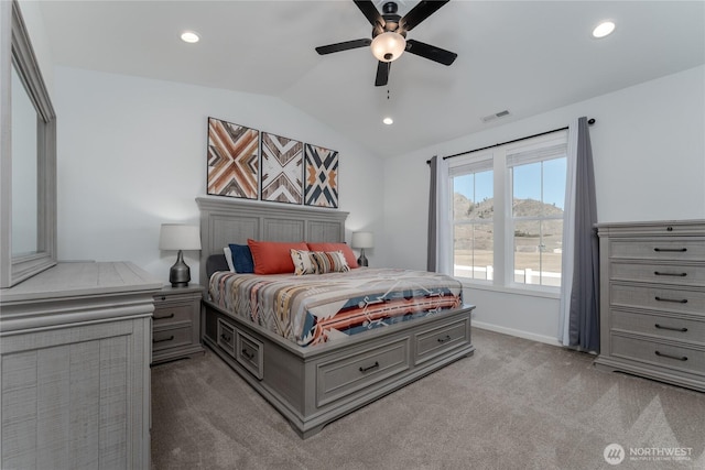 carpeted bedroom with recessed lighting, a ceiling fan, baseboards, vaulted ceiling, and visible vents