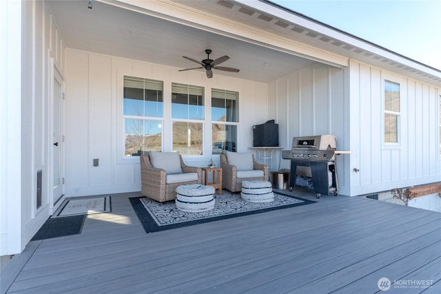 wooden deck with visible vents, outdoor lounge area, a grill, and a ceiling fan