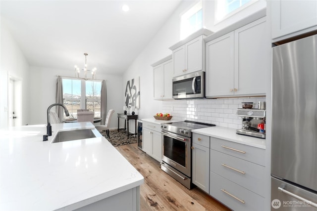 422 Sunny Brooke Ln, Chelan, WA 98816 - kitchen featuring stainless steel appliances, light wood-style flooring, a chandelier, tasteful backsplash, and hanging light fixtures