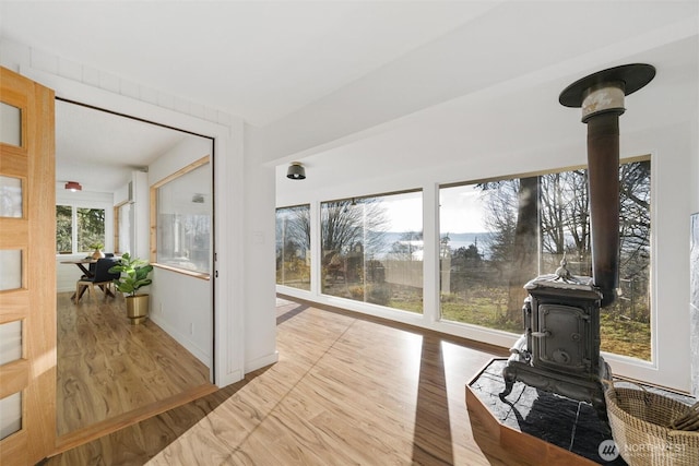 interior space with wood finished floors and a wood stove