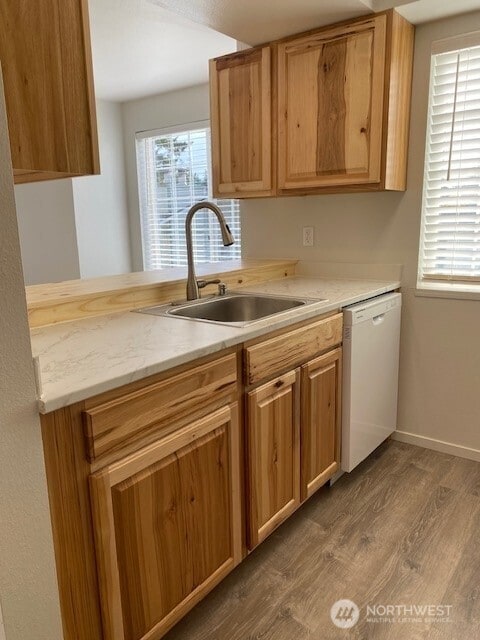 kitchen featuring dark wood-type flooring, baseboards, white dishwasher, and a sink