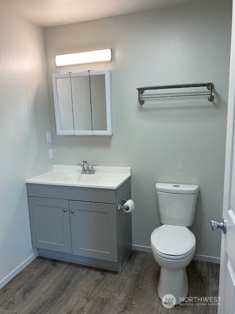 half bath featuring toilet, vanity, baseboards, and wood finished floors