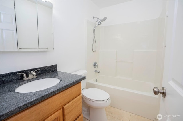 bathroom featuring tile patterned floors, bathing tub / shower combination, toilet, and vanity