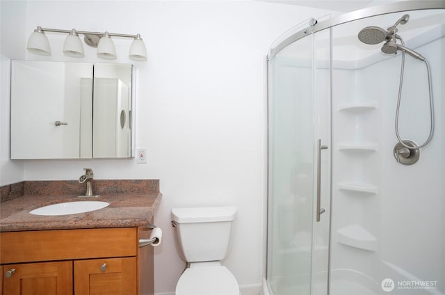 full bathroom featuring vanity, toilet, and a stall shower