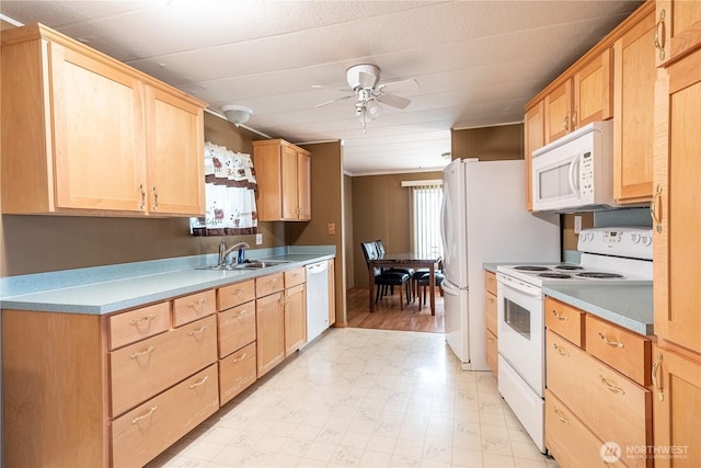 kitchen with ceiling fan, light brown cabinets, white appliances, a sink, and light floors