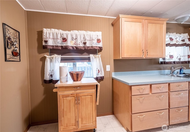 kitchen with light countertops, light brown cabinets, and a sink