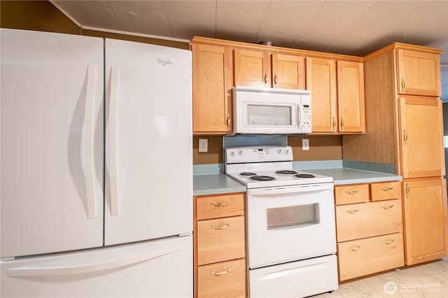 kitchen featuring light countertops and white appliances