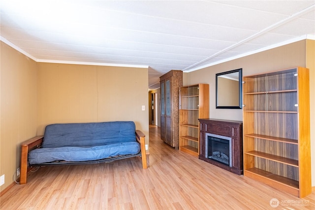 interior space with a fireplace, wood finished floors, and crown molding