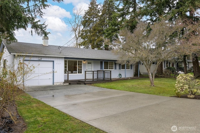 single story home with a porch, a chimney, a front lawn, concrete driveway, and a garage