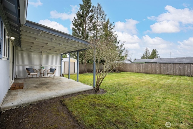 view of yard with a patio area, a storage unit, a fenced backyard, and an outdoor structure