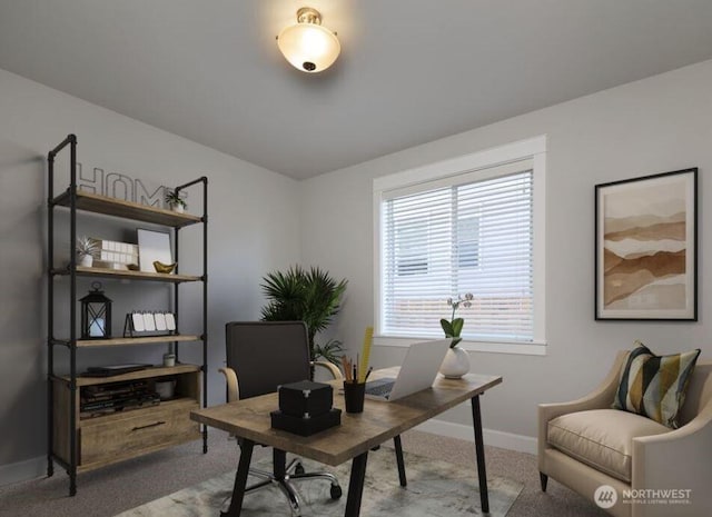 carpeted office with baseboards