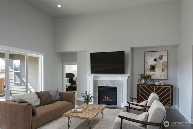 living room featuring plenty of natural light, a premium fireplace, baseboards, and wood finished floors