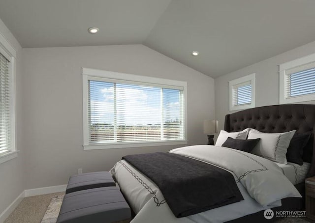 carpeted bedroom featuring lofted ceiling, multiple windows, baseboards, and recessed lighting