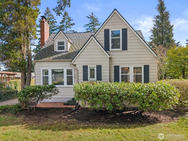 back of property with a chimney and a shingled roof