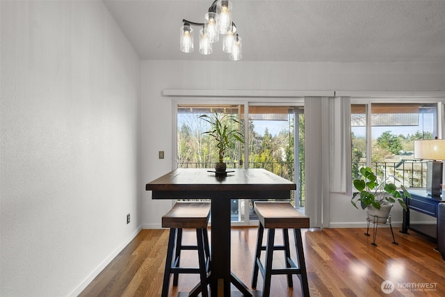 dining area featuring a textured ceiling, plenty of natural light, wood finished floors, and baseboards