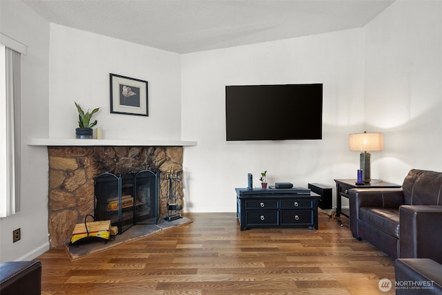 living area featuring a stone fireplace and wood finished floors