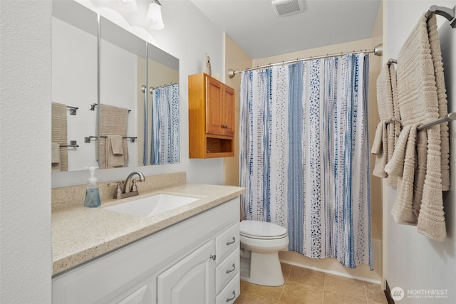 full bathroom featuring shower / bath combo, visible vents, toilet, tile patterned floors, and vanity