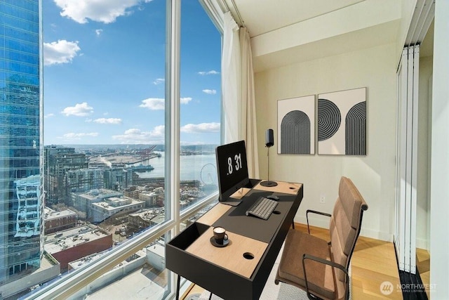 office area featuring baseboards, wood finished floors, and floor to ceiling windows