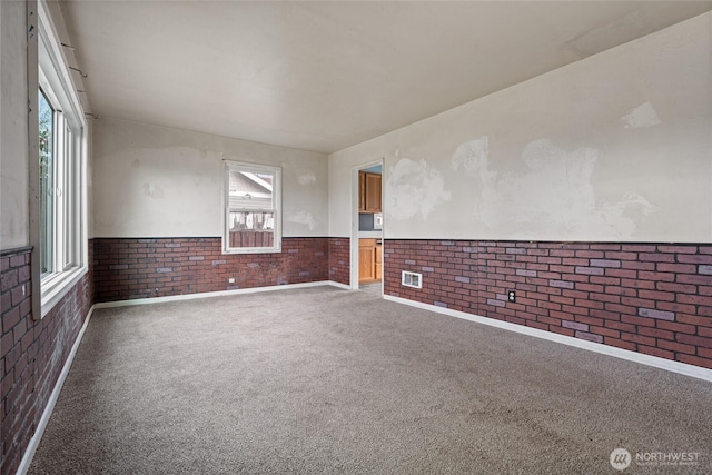 spare room with carpet, brick wall, and wainscoting