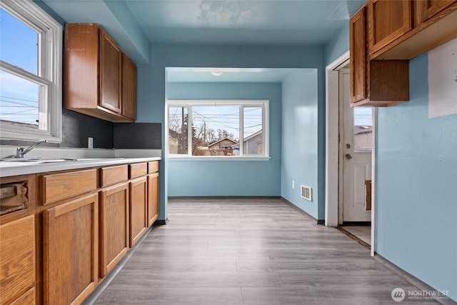 kitchen with light wood finished floors, brown cabinetry, and a healthy amount of sunlight