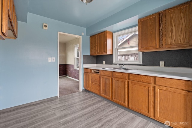 kitchen featuring a sink, light wood-style floors, light countertops, wainscoting, and brown cabinets