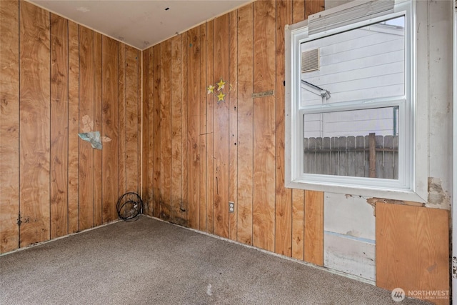 unfurnished room with wood walls and carpet flooring