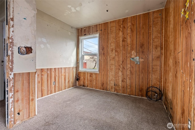 carpeted empty room with wainscoting and wood walls