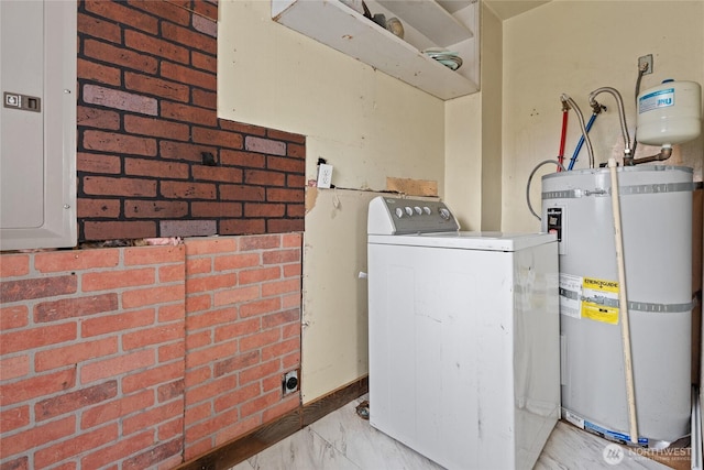 clothes washing area with marble finish floor, strapped water heater, washer / clothes dryer, laundry area, and electric panel