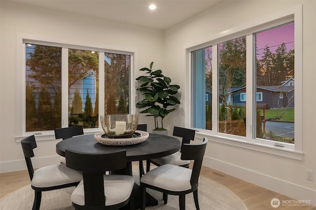 dining room featuring light wood-type flooring, plenty of natural light, and baseboards