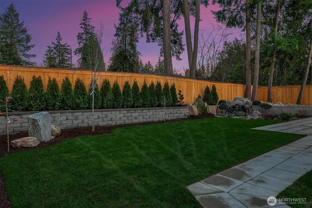 yard at dusk with a fenced backyard