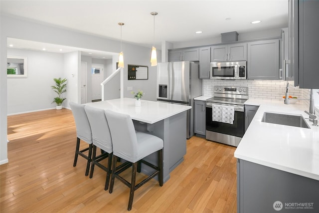 kitchen with gray cabinetry, stainless steel appliances, and a sink