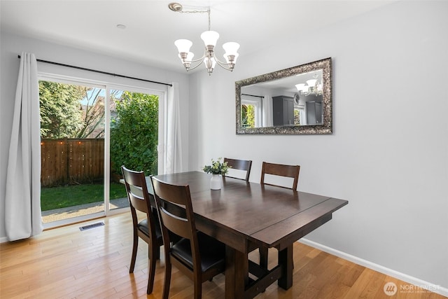 dining space featuring visible vents, an inviting chandelier, baseboards, and light wood-style floors