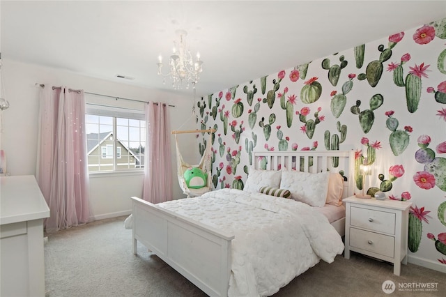 carpeted bedroom with a chandelier, visible vents, wallpapered walls, and baseboards