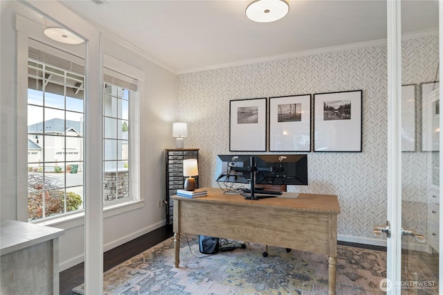 home office featuring wallpapered walls, wood finished floors, baseboards, and ornamental molding