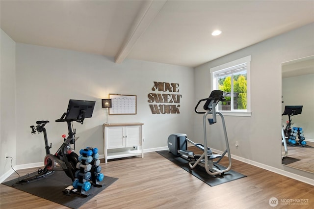 exercise area with recessed lighting, baseboards, and wood finished floors