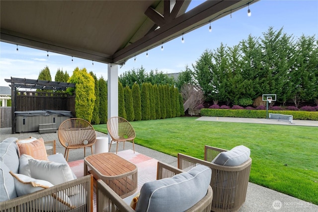 view of patio featuring a hot tub, outdoor lounge area, and a pergola