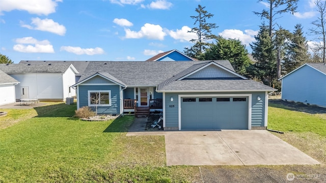 ranch-style home with a garage, concrete driveway, a shingled roof, and a front lawn