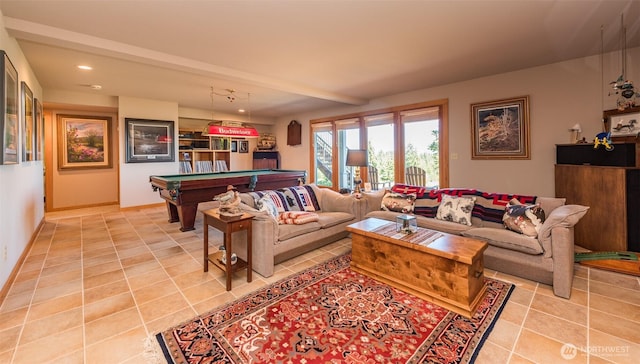 living area with pool table, recessed lighting, light tile patterned flooring, and baseboards