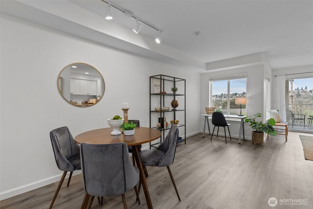 dining space with baseboards, light wood-type flooring, and a wealth of natural light